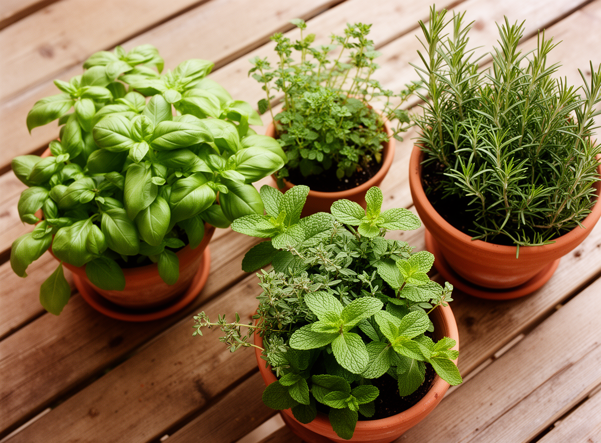 Overhead view of fresh culinary herbs including basil, mint, and rosemary arranged in terracotta pots on a rustic wooden balcony table.
