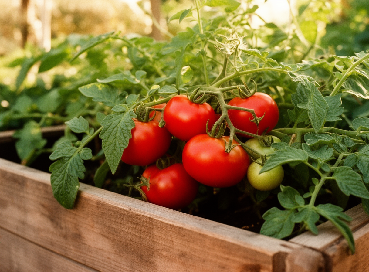 Close-up of vibrant red heirloom cherry tomatoes ripening on healthy vines in warm morning sunlight inside a wooden garden planter.