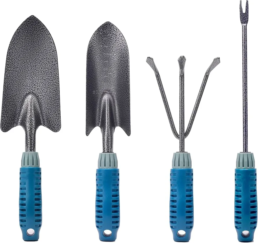 A gardener selects an ergonomic trowel with a thick cushioned handle for comfort.