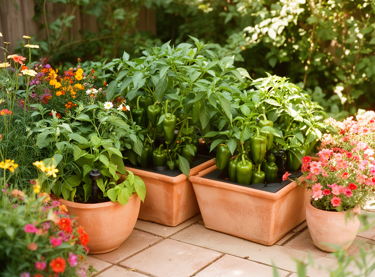 Sunlit patio corner featuring self-watering planters filled with sweet bell pepper plants and colorful companion flowers.