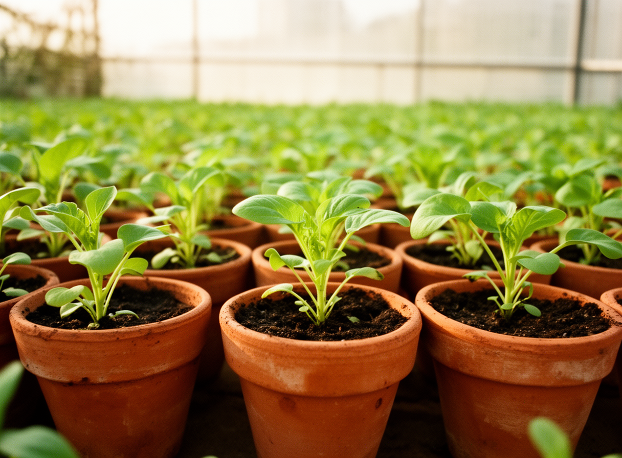 Neat row of young vegetable seedlings sprouting in small clay pots under gentle greenhouse morning lighting.