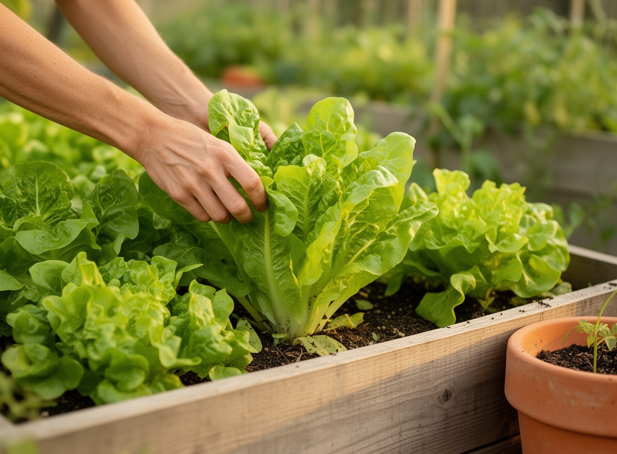 Gardener hands harvesting crisp organic romaine lettuce leaves from a raised vegetable garden bed in soft natural light.