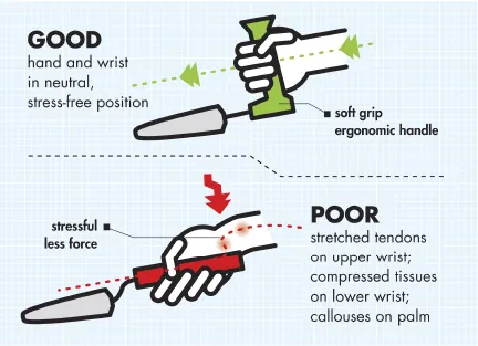 Ratchet pruners, a padded trowel, and a cultivator arranged for easy garden use.