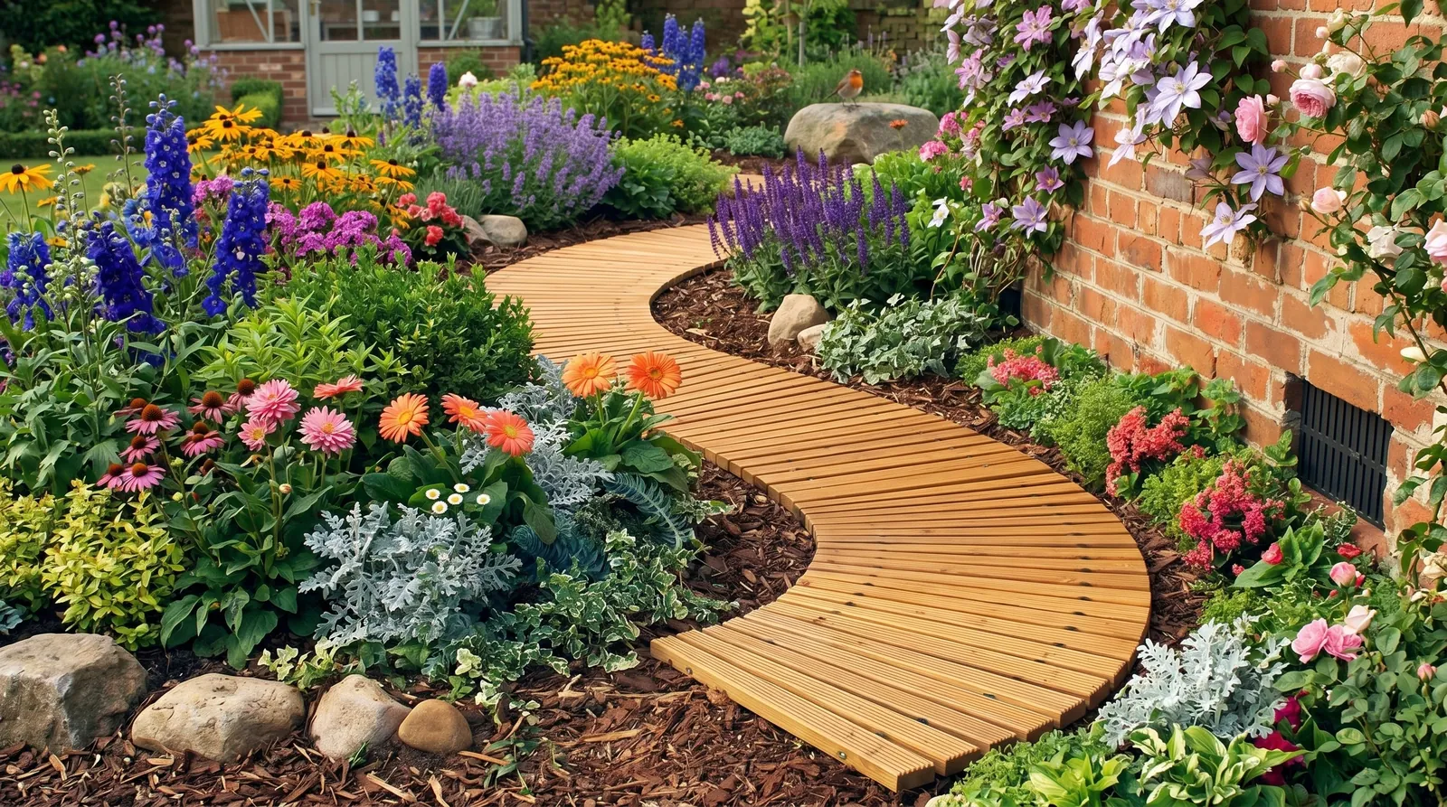 Five different budget pathway materials displayed side by side on garden soil.