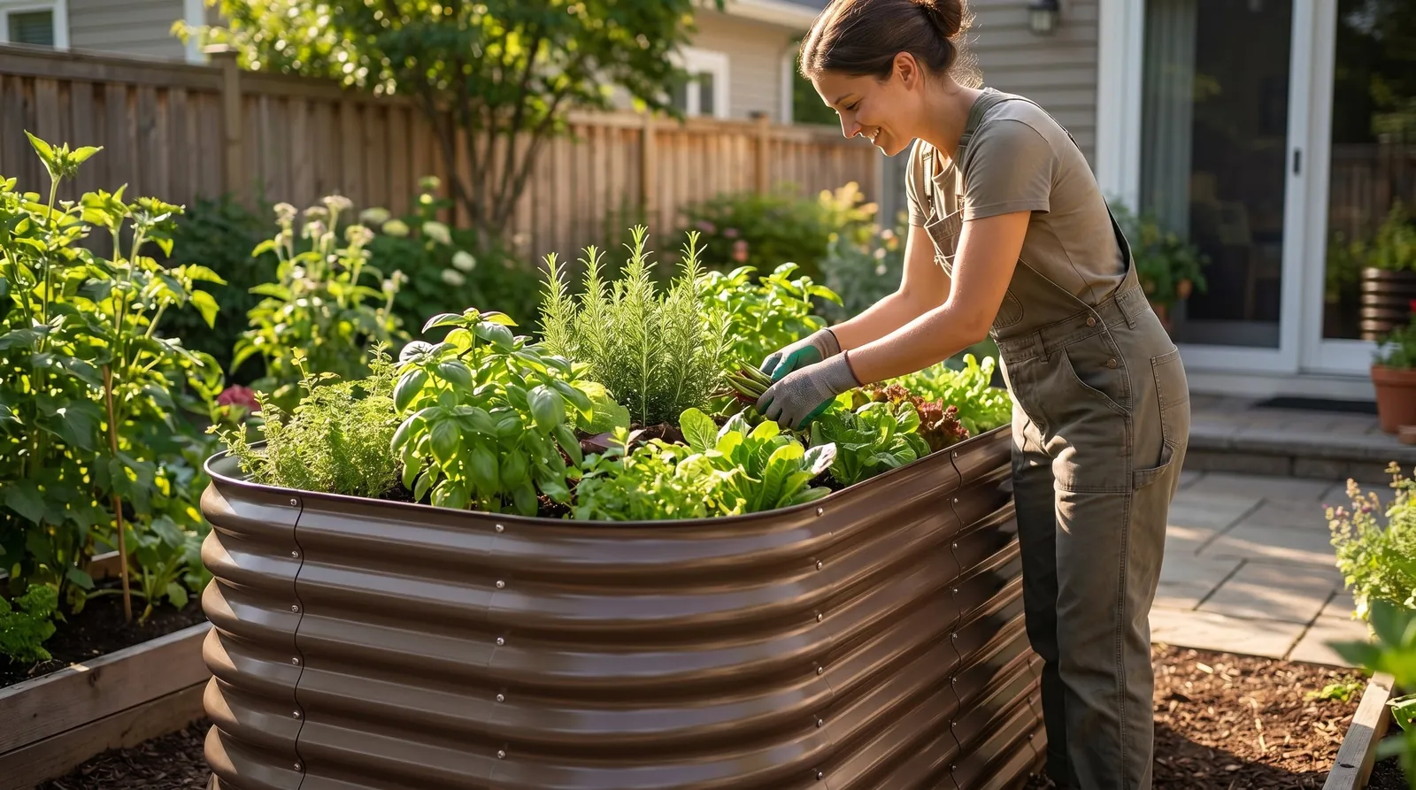 Garden with raised beds and container plants in an accessible layout
