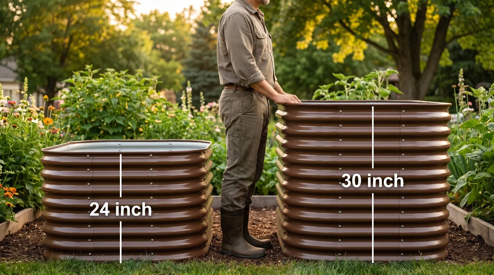 Gardener pruning a small tree in a well-maintained garden
