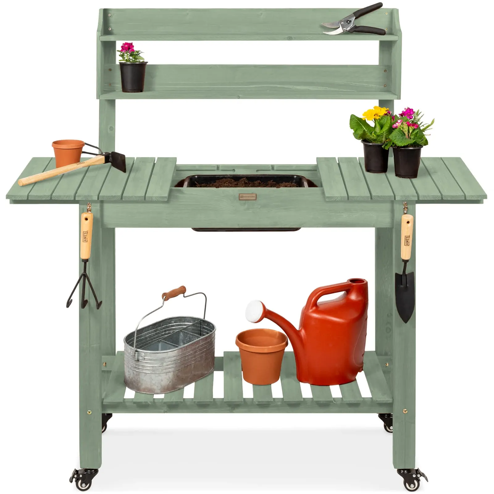 A large container tomato garden beside a small tabletop garden on a balcony.
