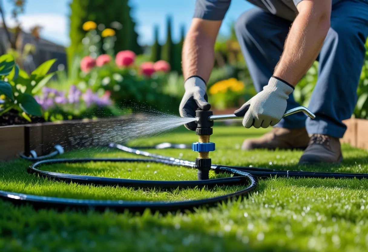 A mechanical timer attached to a garden spigot keeping lawn watering consistent.